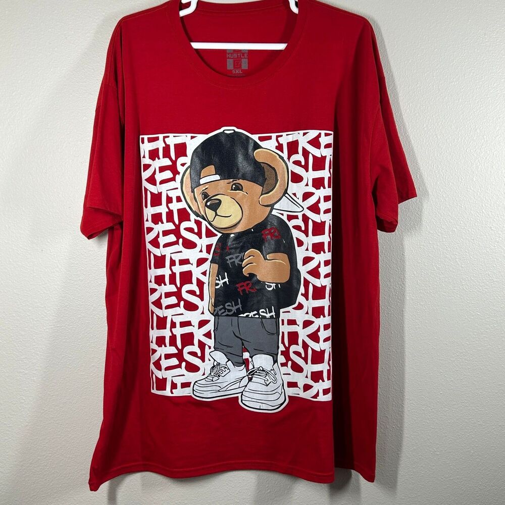 Hustle T-Shirt Mens 5XL Red Bear Graphic Fresh Streetwear Short Sleeve Oversized